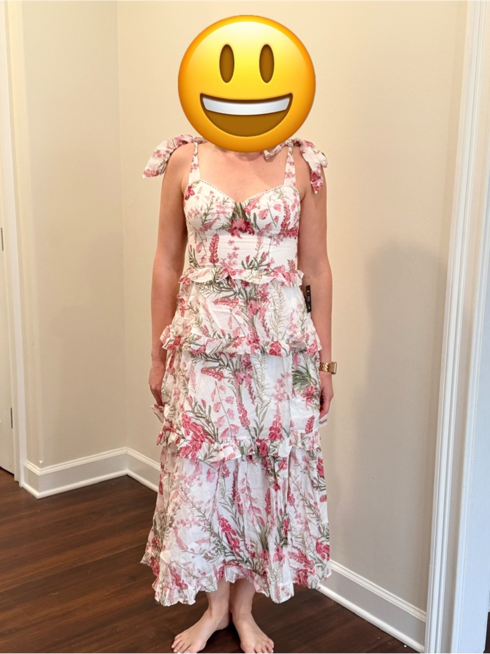 Lulu's Pink & Green Floral Ruffle High-Low Midi Dress - Picture 4 of 5